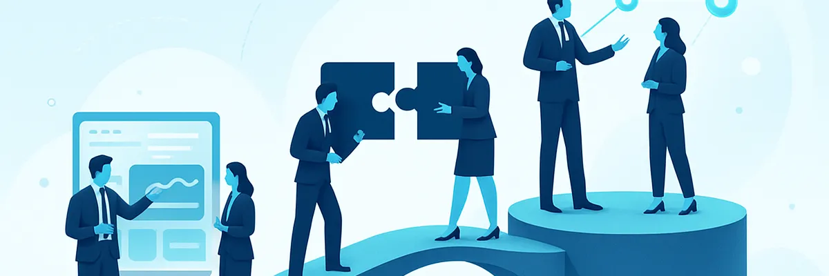 Illustration of businesspeople collaborating, with puzzle pieces, charts, and a connected nodes graphic symbolizing teamwork and strategy.