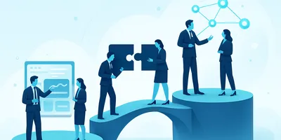Illustration of businesspeople collaborating, with puzzle pieces, charts, and a connected nodes graphic symbolizing teamwork and strategy.