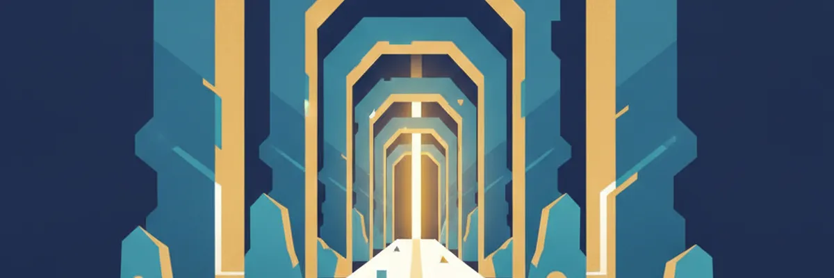 Six archways along a lit path, one narrower than the next