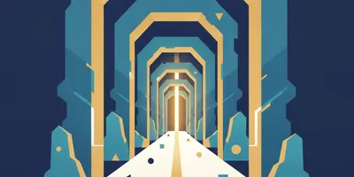 Six archways along a lit path, one narrower than the next