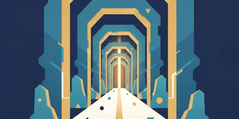 Six archways along a lit path, one narrower than the next