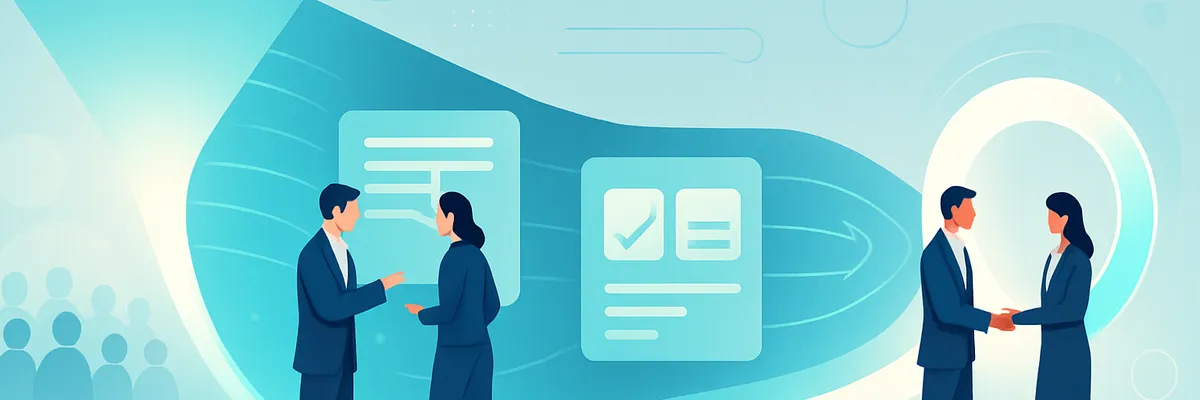 Illustration of businesspeople discussing and shaking hands, with a funnel, flowcharts, and people silhouettes in a blue-themed background.