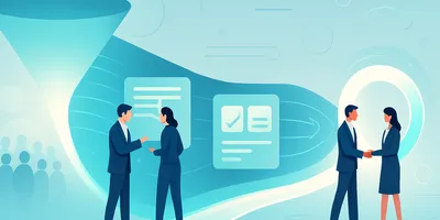 Illustration of businesspeople discussing and shaking hands, with a funnel, flowcharts, and people silhouettes in a blue-themed background.