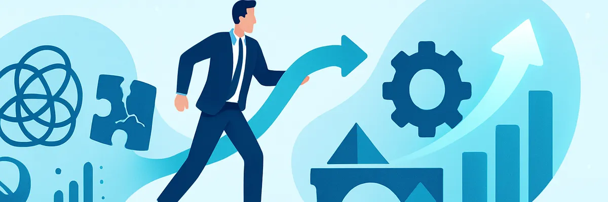 Businessman in a suit walking on an upward arrow, surrounded by symbols of growth and problem-solving like gears, graphs, and puzzle pieces.