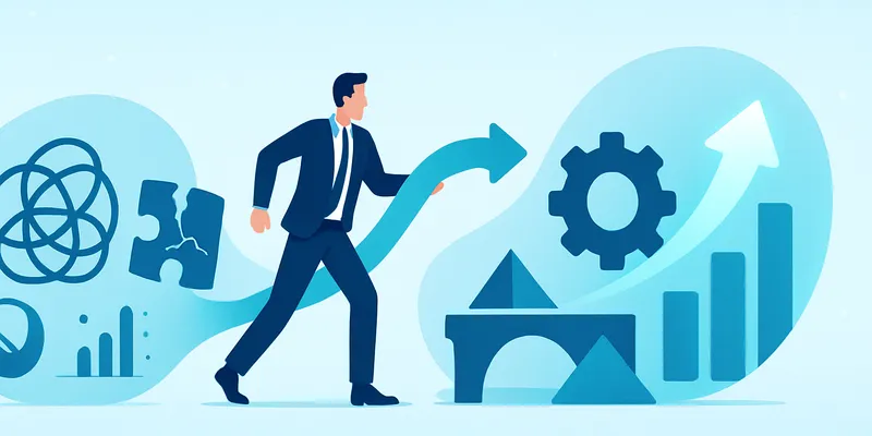 Businessman in a suit walking on an upward arrow, surrounded by symbols of growth and problem-solving like gears, graphs, and puzzle pieces.