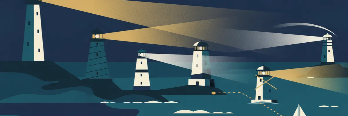 Five stylized lighthouses on a dark coastline with a small sailboat charting a course toward one