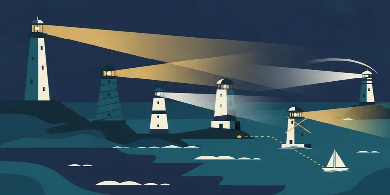 Five stylized lighthouses on a dark coastline with a small sailboat charting a course toward one