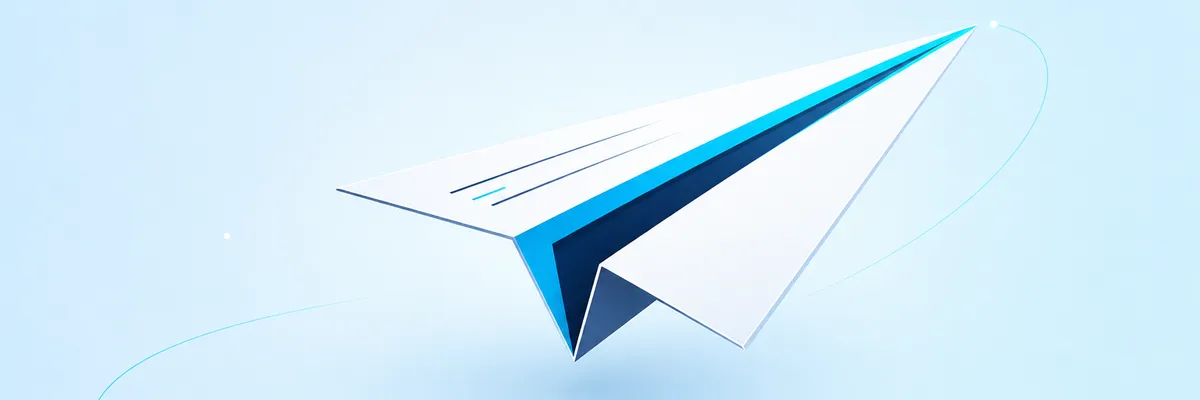 A white and blue paper airplane flying against a light blue sky with a curved motion trail.