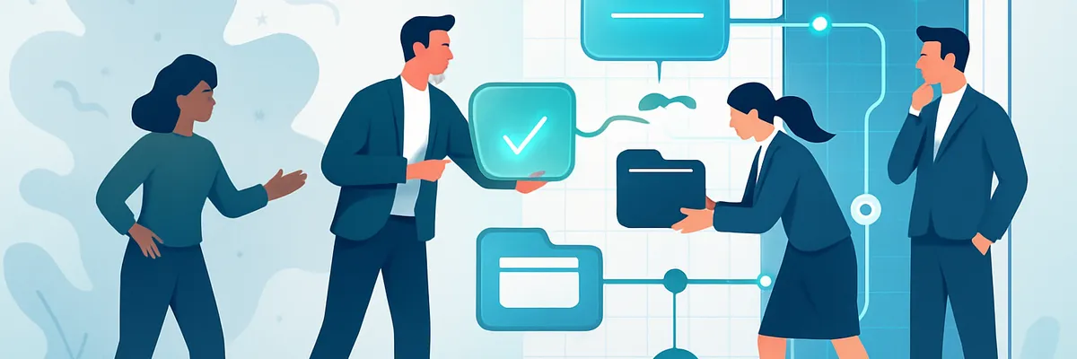Four professionals discuss a digital workflow on a screen displaying graphs, charts, and a folder icon. They appear engaged and collaborative.