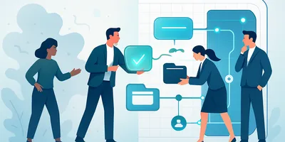 Four professionals discuss a digital workflow on a screen displaying graphs, charts, and a folder icon. They appear engaged and collaborative.