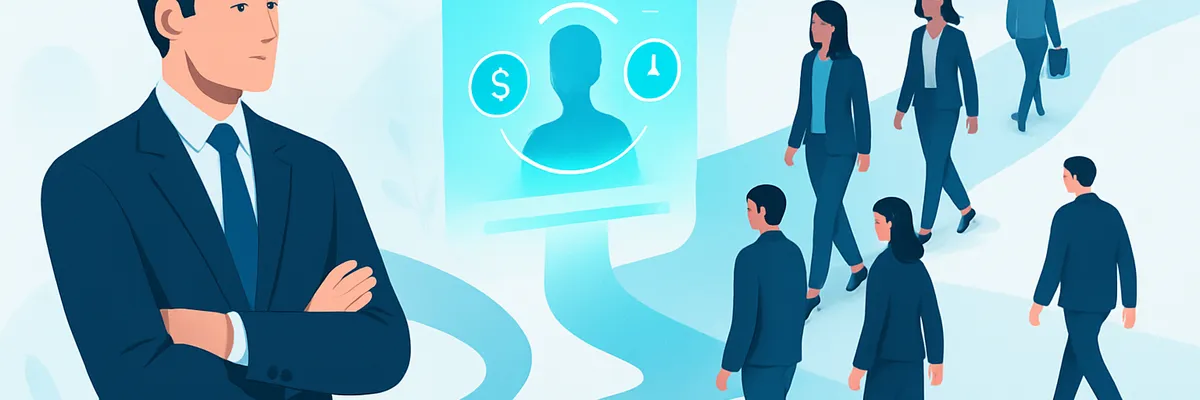 Professional assessing candidates, selecting "Qualified" individuals from a group, with a decision-making icon and directional paths.