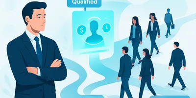 Professional assessing candidates, selecting "Qualified" individuals from a group, with a decision-making icon and directional paths.