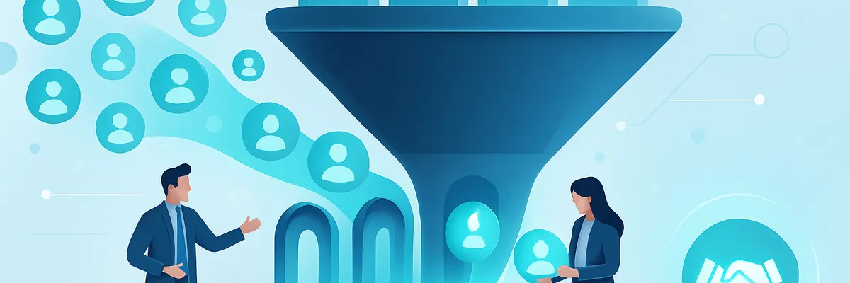 Illustration of two businesspeople beside a funnel filtering avatars, symbols of money, checks, and a calendar, symbolizing workflow management.