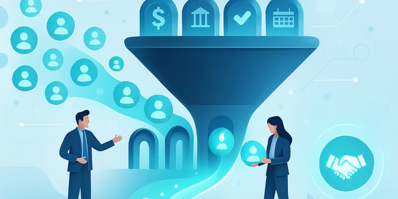 Illustration of two businesspeople beside a funnel filtering avatars, symbols of money, checks, and a calendar, symbolizing workflow management.