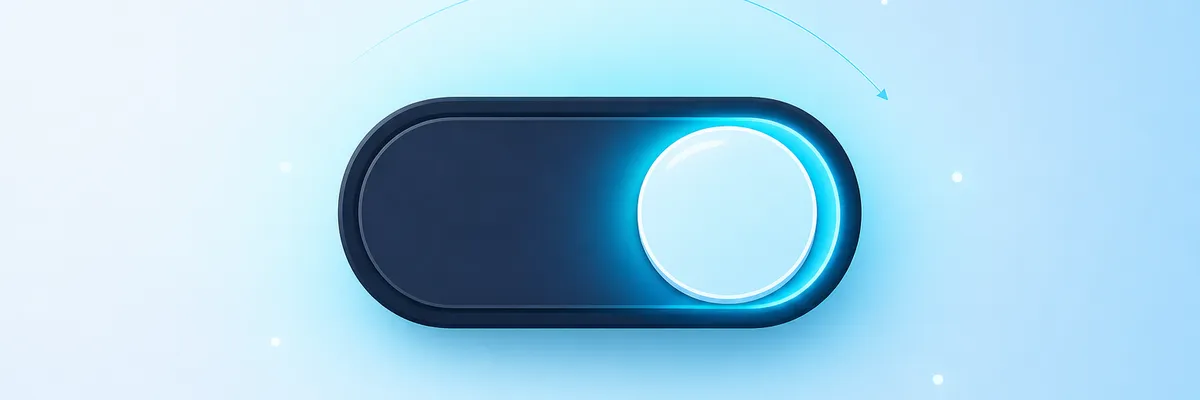 A glowing blue toggle switch on a light blue background, positioned to the right as if turned on, with small circle accents around it.