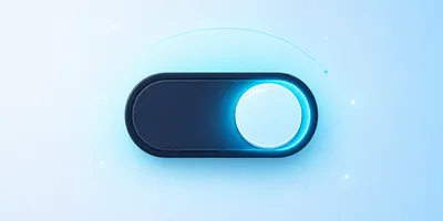 A glowing blue toggle switch on a light blue background, positioned to the right as if turned on, with small circle accents around it.