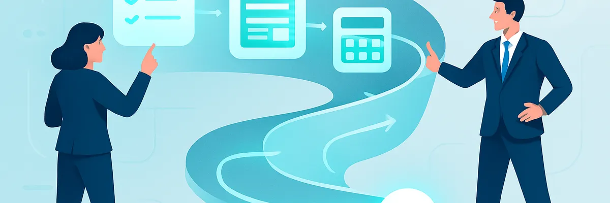 Illustration of two businesspeople discussing a workflow chart with checklists and data elements on a blue background.