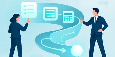 Illustration of two businesspeople discussing a workflow chart with checklists and data elements on a blue background.