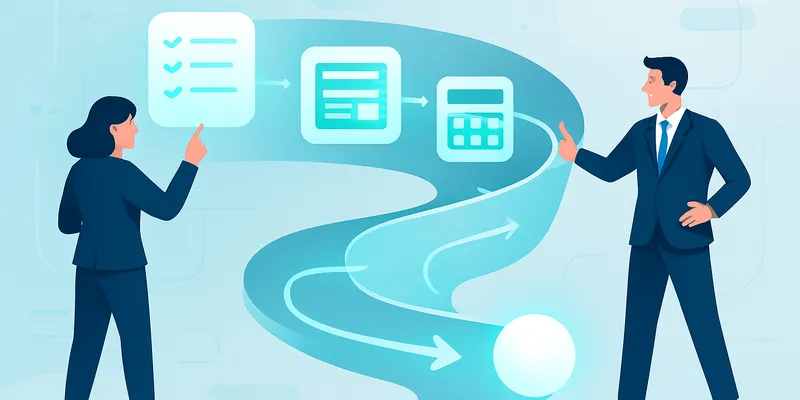 Illustration of two businesspeople discussing a workflow chart with checklists and data elements on a blue background.