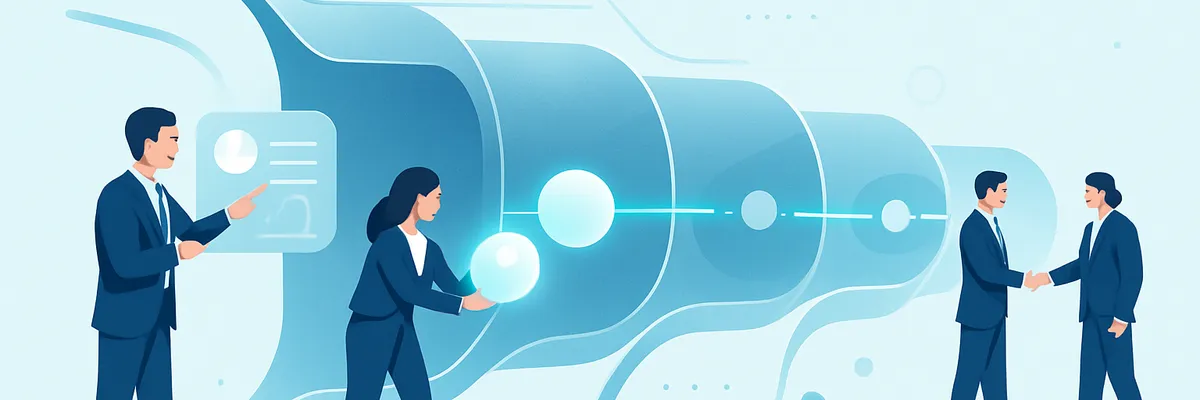 Illustration of business professionals analyzing and discussing a funnel chart, with two shaking hands, symbolizing collaboration and strategy.