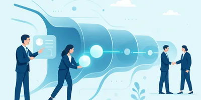 Illustration of business professionals analyzing and discussing a funnel chart, with two shaking hands, symbolizing collaboration and strategy.