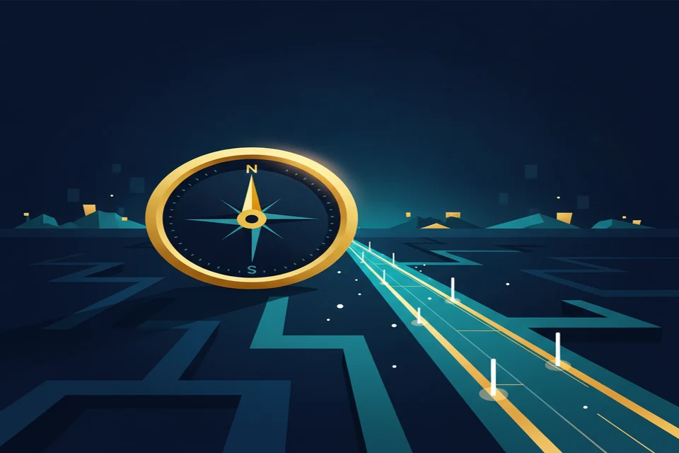 Illustration of a compass and a defined path on a dark navy background