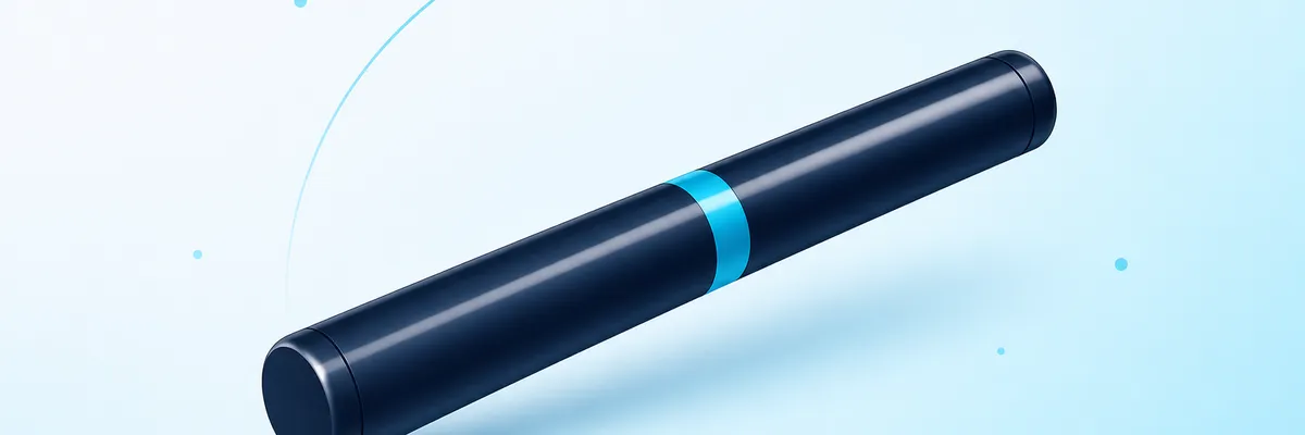 A sleek, cylindrical dark blue device with a lighter blue band around its middle, set against a light blue background with small dots.