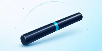 A sleek, cylindrical dark blue device with a lighter blue band around its middle, set against a light blue background with small dots.