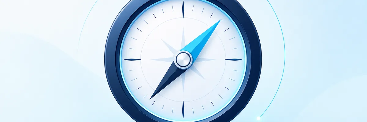 A blue and white compass icon with a sleek design and a blue arrow pointing northeast, set against a light blue background.