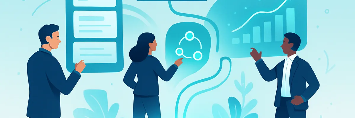 Three professionals discuss analytics and graphs in a digital, futuristic setting with floating screens and icons, indicating collaborative work.