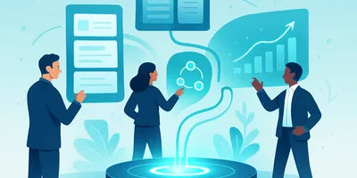 Three professionals discuss analytics and graphs in a digital, futuristic setting with floating screens and icons, indicating collaborative work.