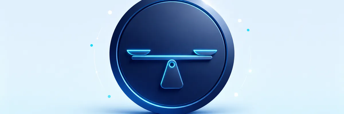 A 3D blue icon of a balance scale on a circular background with light blue highlights and dots floating around it.