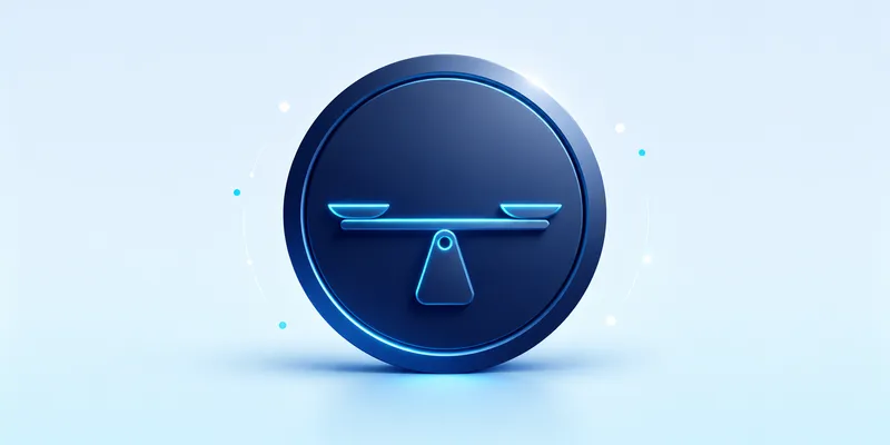 A 3D blue icon of a balance scale on a circular background with light blue highlights and dots floating around it.