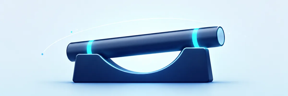 A sleek, futuristic black and blue cylindrical device resting on a matching stand, set against a light blue background.