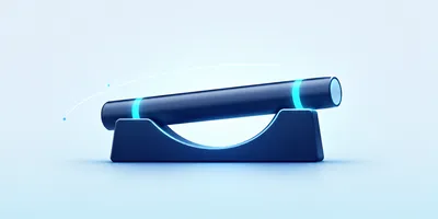 A sleek, futuristic black and blue cylindrical device resting on a matching stand, set against a light blue background.