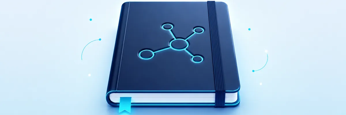 A blue notebook with a molecular design on the cover, closed with an elastic band and featuring a glowing blue bookmark against a light background.