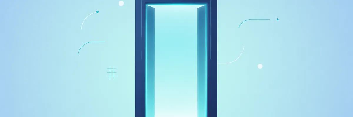 A glowing blue doorway with light emanating from the opening, set against a light blue background with abstract design elements.