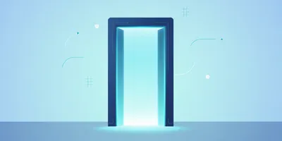 A glowing blue doorway with light emanating from the opening, set against a light blue background with abstract design elements.
