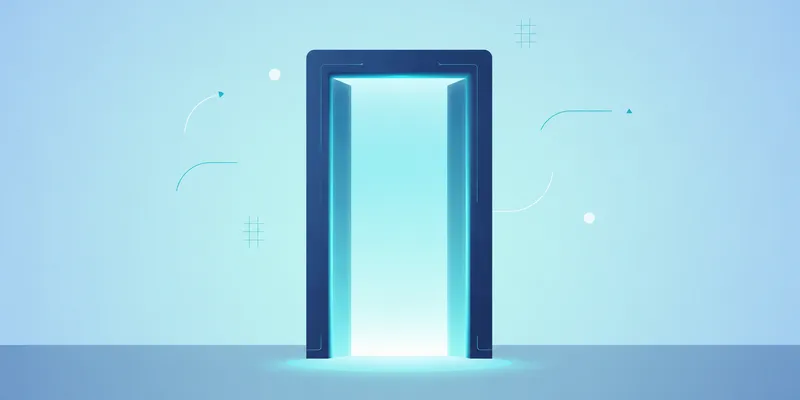 A glowing blue doorway with light emanating from the opening, set against a light blue background with abstract design elements.
