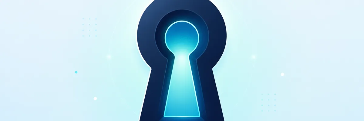Glowing keyhole symbol in dark blue with a light blue background, surrounded by subtle digital elements and circular light effects.