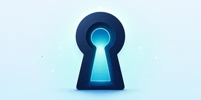 Glowing keyhole symbol in dark blue with a light blue background, surrounded by subtle digital elements and circular light effects.