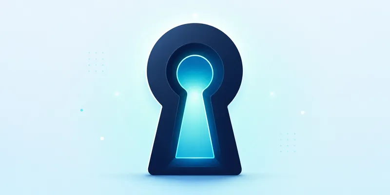 Glowing keyhole symbol in dark blue with a light blue background, surrounded by subtle digital elements and circular light effects.