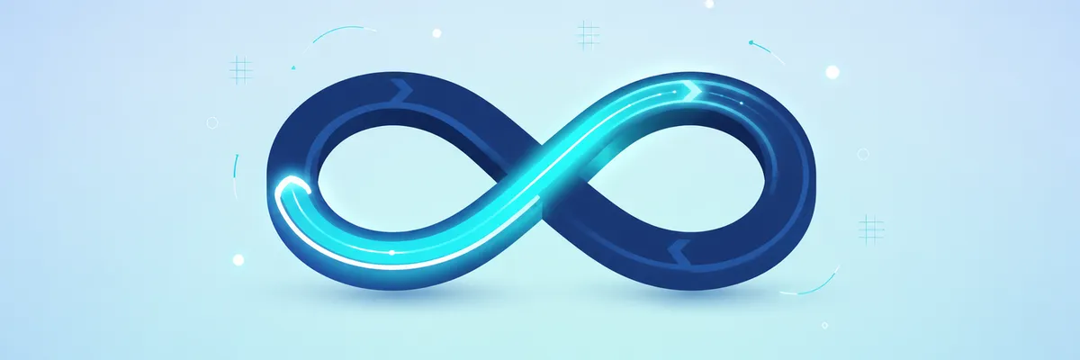 A glowing blue infinity symbol with highlights and arrows set against a light blue background with subtle decorative elements.