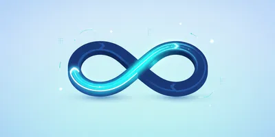 A glowing blue infinity symbol with highlights and arrows set against a light blue background with subtle decorative elements.