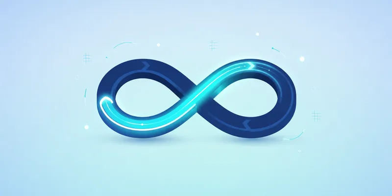 A glowing blue infinity symbol with highlights and arrows set against a light blue background with subtle decorative elements.