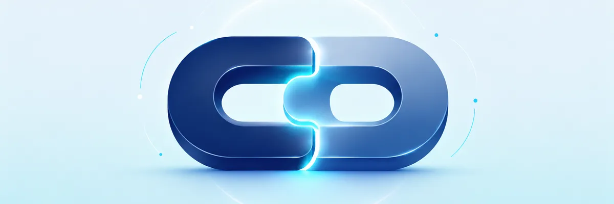 A 3D blue infinity symbol with a glowing center on a light blue background, surrounded by small circles and lines.