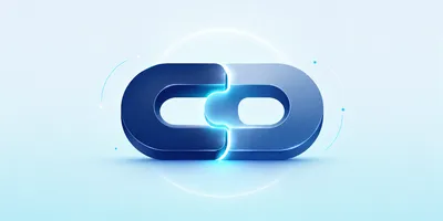 A 3D blue infinity symbol with a glowing center on a light blue background, surrounded by small circles and lines.