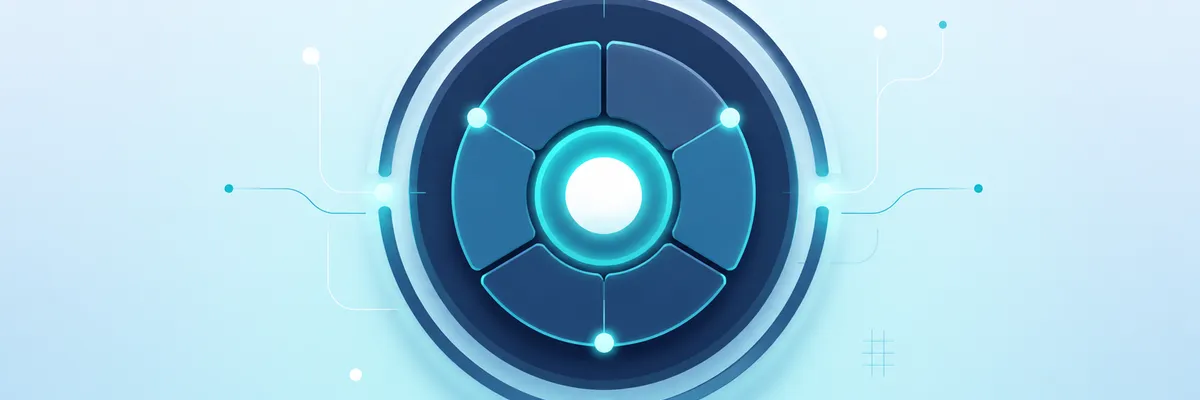 Abstract circular tech design with glowing blue and cyan segments on a light blue background. Radiating lines and dots give a futuristic look.