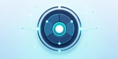 Abstract circular tech design with glowing blue and cyan segments on a light blue background. Radiating lines and dots give a futuristic look.