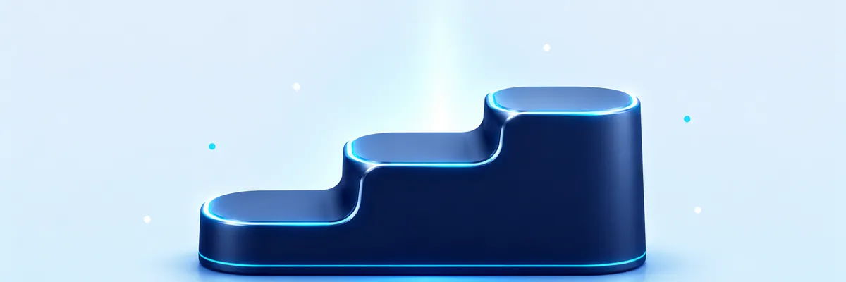 A futuristic, glowing, three-step platform with a sleek blue gradient and neon-like edges, set against a light blue background.